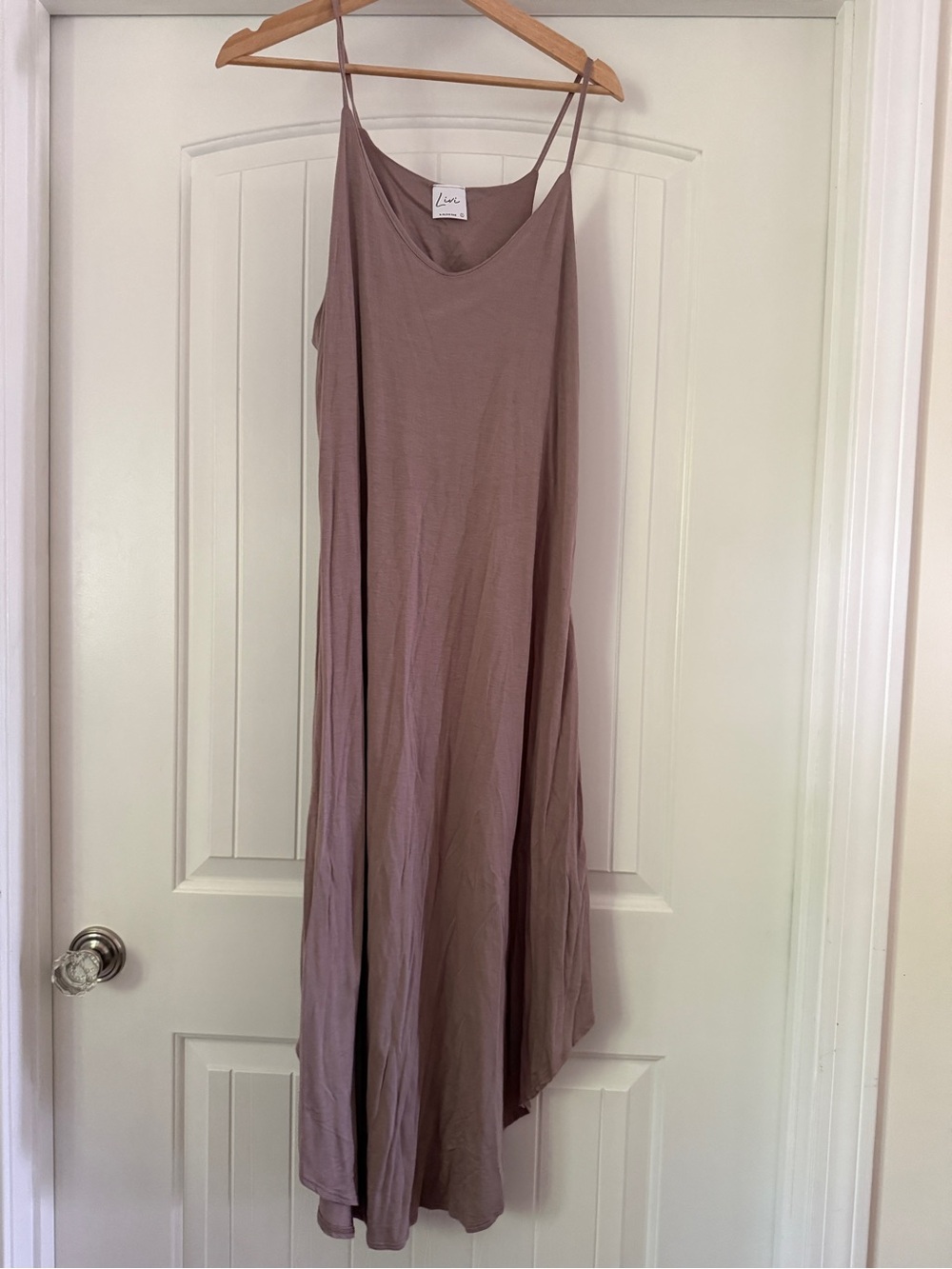Olivia Rae Asymmetrical Slip Dress in Mauve Taupe